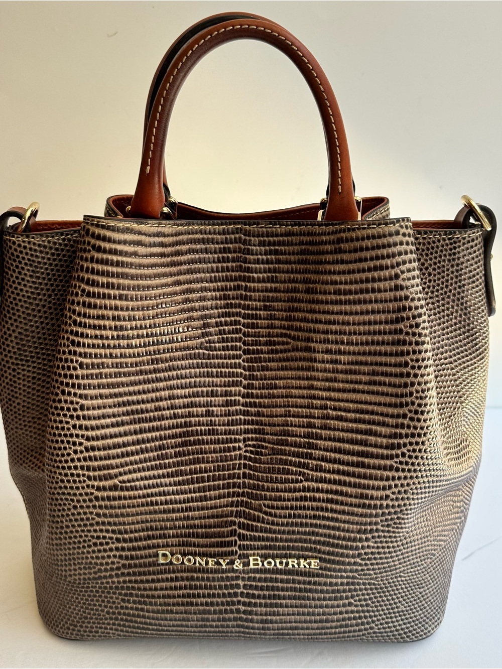 Dooney & Bourke Brown Lizard-Embossed Satchel with Tan Handles